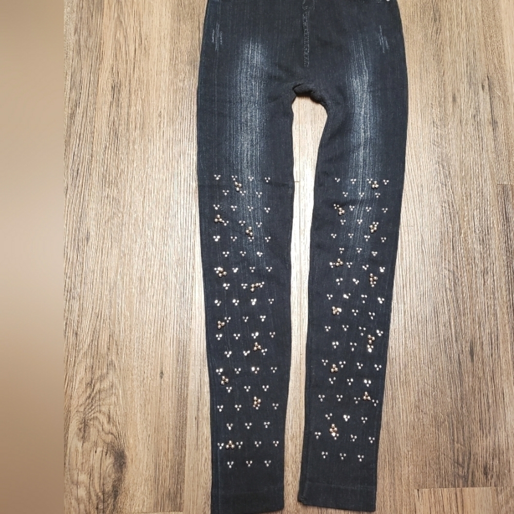 DARKVblue beaded & rhinestone  distressed dark blue jeggings